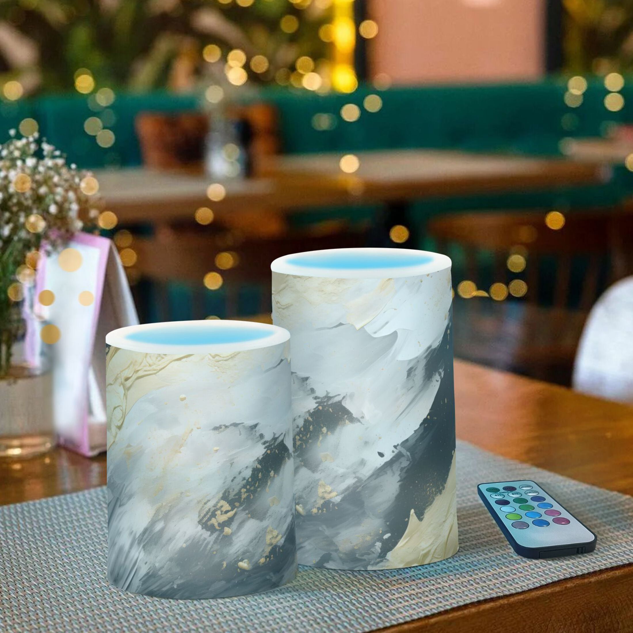 Black White Gold Marble Flameless Candles with Remote Timer LED Battery Operated Flickering Candle Light for Festival Wedding Home Party