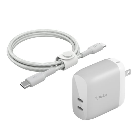Belkin 40W Dual USB-C Wall Charger with USB-C to USB-C Cable – Fast Charging Adapter for iPhone 15/16, Samsung Galaxy, Google Pixel, iPad, AirPods & More – Silver
