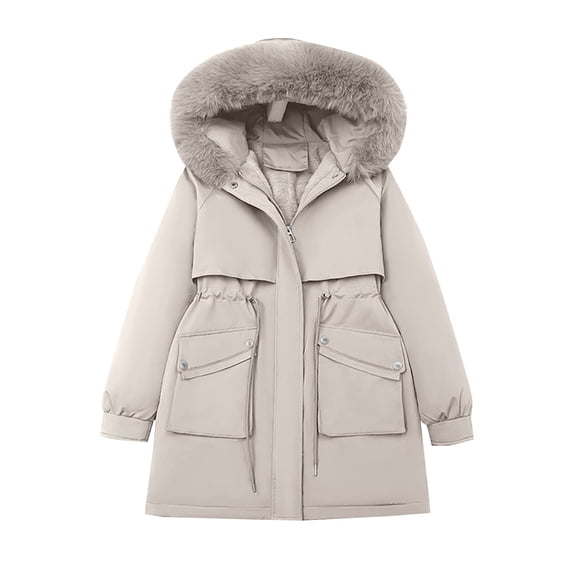 Breezora Women Hooded Drawstring Down Coat Windproof Lightweight Jacket With Two Pockets Long Sleeve Spring Outerwear L Size Beige