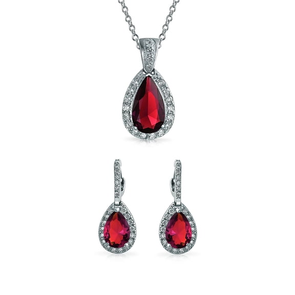 Bling Jewelry Womens Solitaire Teardrop Halo Red CZ Pendant Necklace Earrings Jewelry Set