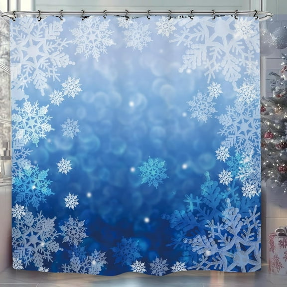Blue Snowflake Snow Bathroom Shower Curtain 71W by 71H Inch Winter Christmas Xmas Holiday New Year Ombre Polyester Fabric 12 Plastic Hooks Waterproof Decor