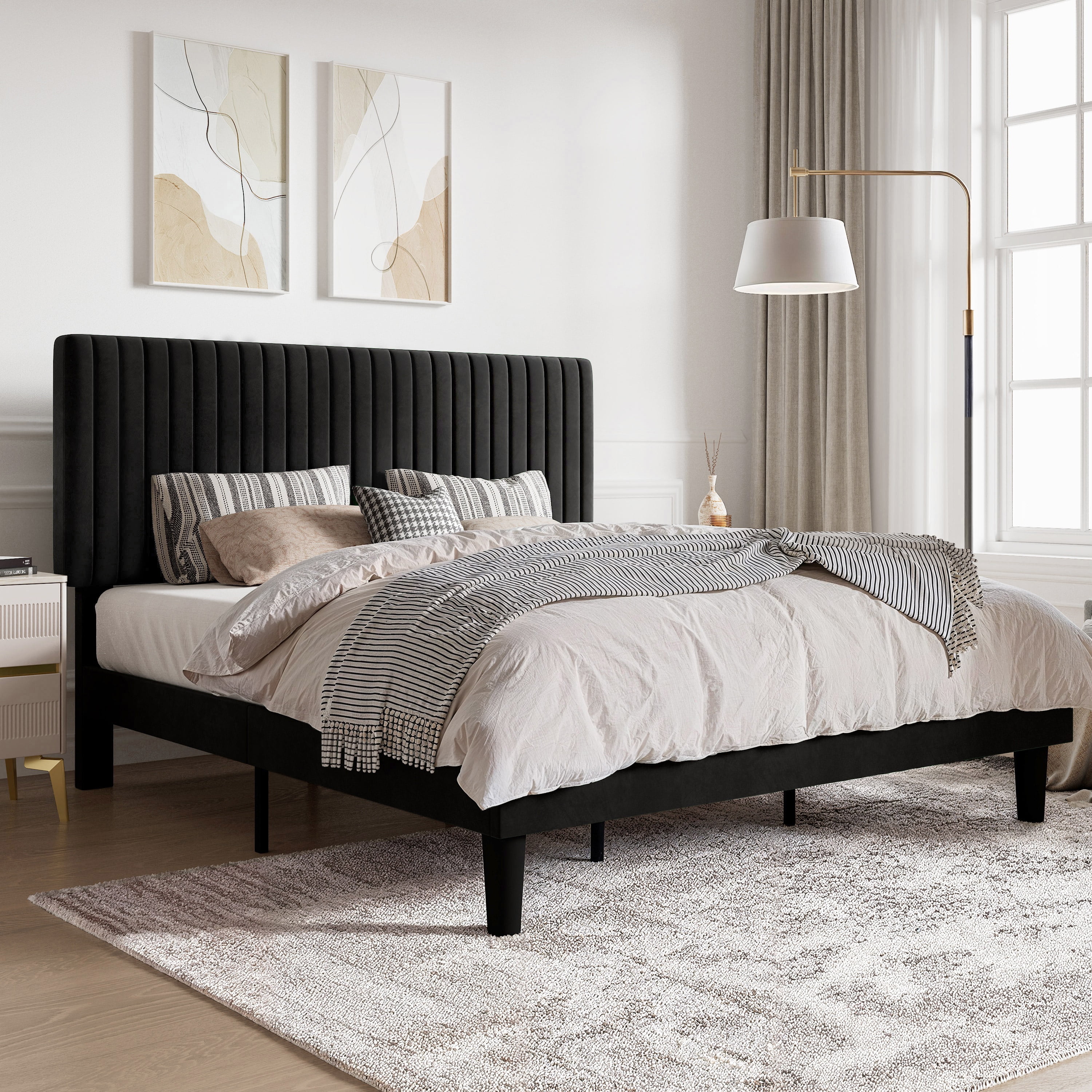 SHA CERLIN Black King Size Upholstered Platform Bed Frame with Adjustable Channel Velvet Headboard