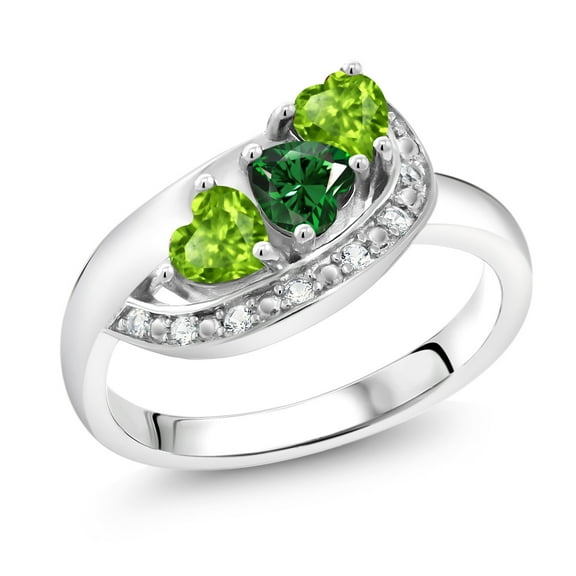 Gem Stone King 925 Sterling Silver Green Nano Emerald and Green Peridot and White Created Sapphire Engagement Ring for Women (1.06 Cttw, Gemstone May Birthstone, Heart Shape 4MM, Size 5)