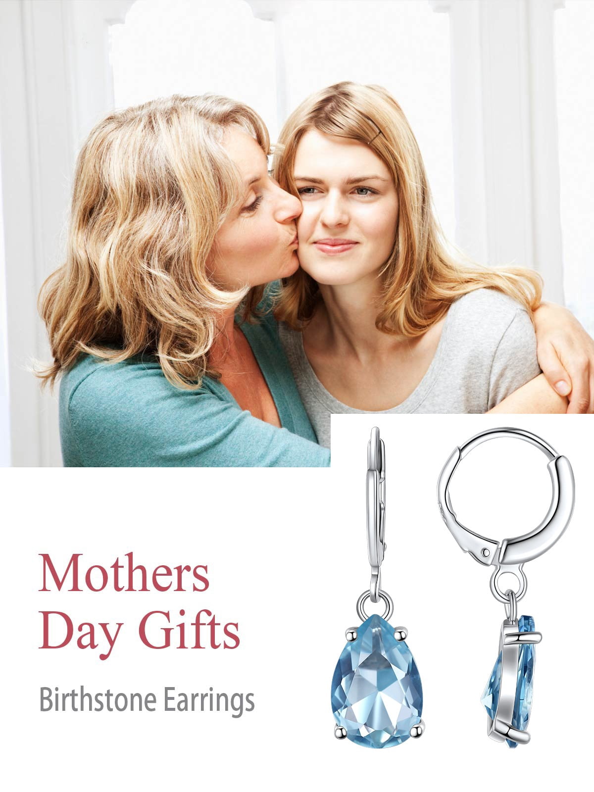 FOCALOOK Birthstone Dangle Hoop Earrings for Women Sterling Silver Teardrop Cubic Zirconia March Blue Aquamarine Leverback Huggie Drop Earrings Birthday Valentines Day Jewelry Gift