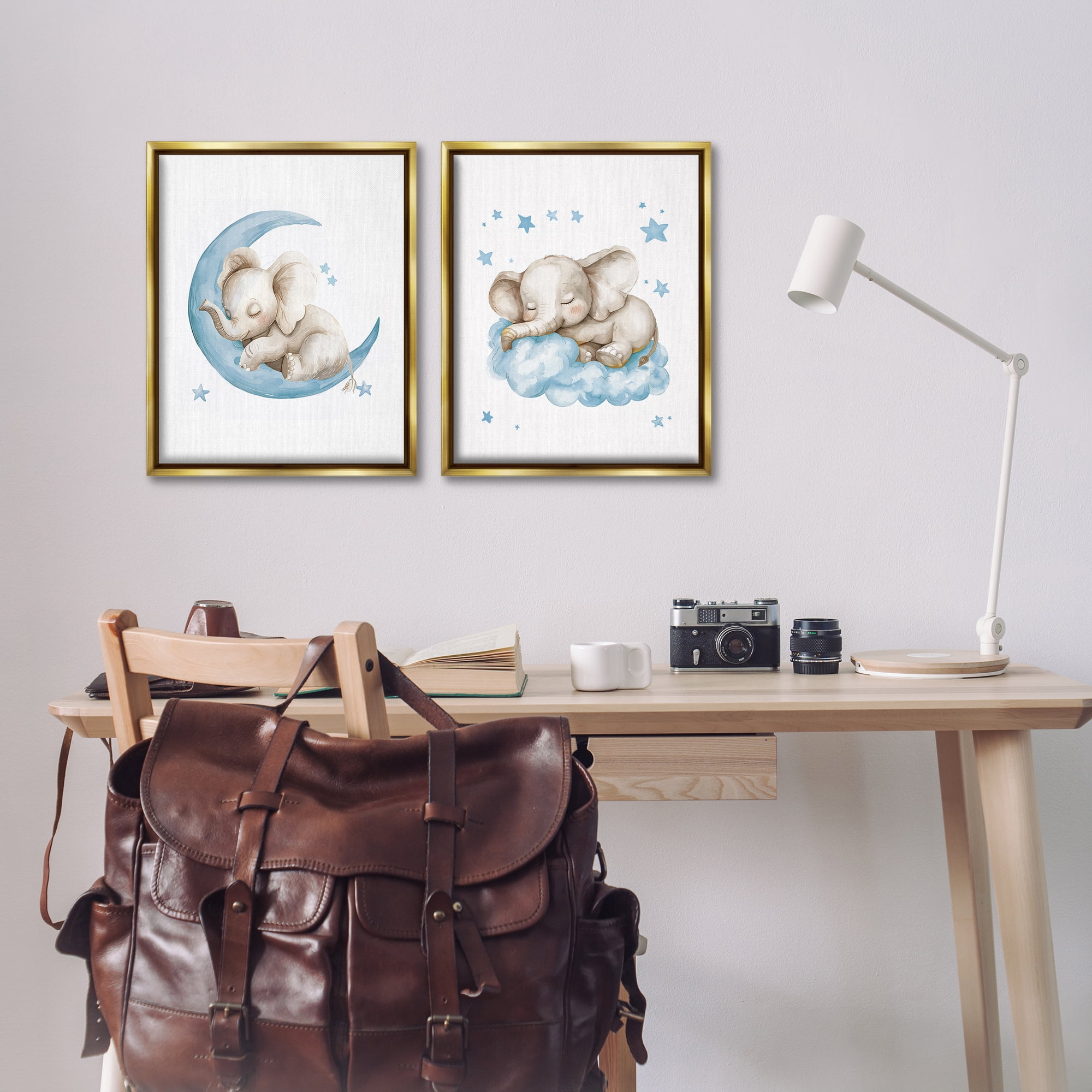Stupell Industries Blue Sleepy Elephant Animals Painting Gold Floater Framed Canvas Art Print Wall Art, 17 x 21, Set of 2
