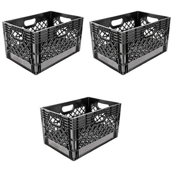 Juggernaut Storage 3-Pack 24-Quart Heavy-Duty Plastic Stackable Milk Crate Bins, Black
