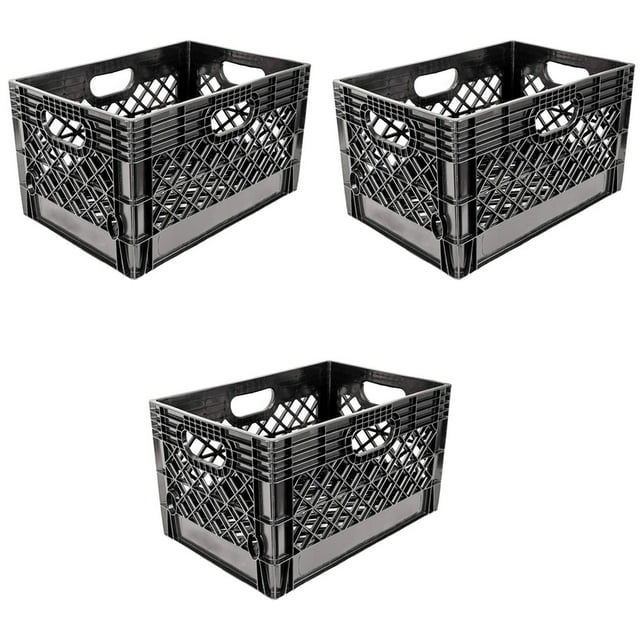 Juggernaut Storage 3-Pack 24-Quart Heavy-Duty Plastic Stackable Milk Crate Bins, Black