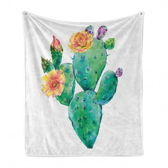 Natural Color Soft Flannel Fleece Throw Blanket, Watercolor Art Painting of an Exotic Cactus Plant with Flowers Bloom, Cozy Plush for Indoor and Outdoor Use, 50" x 70", Multicolor, by Ambesonne