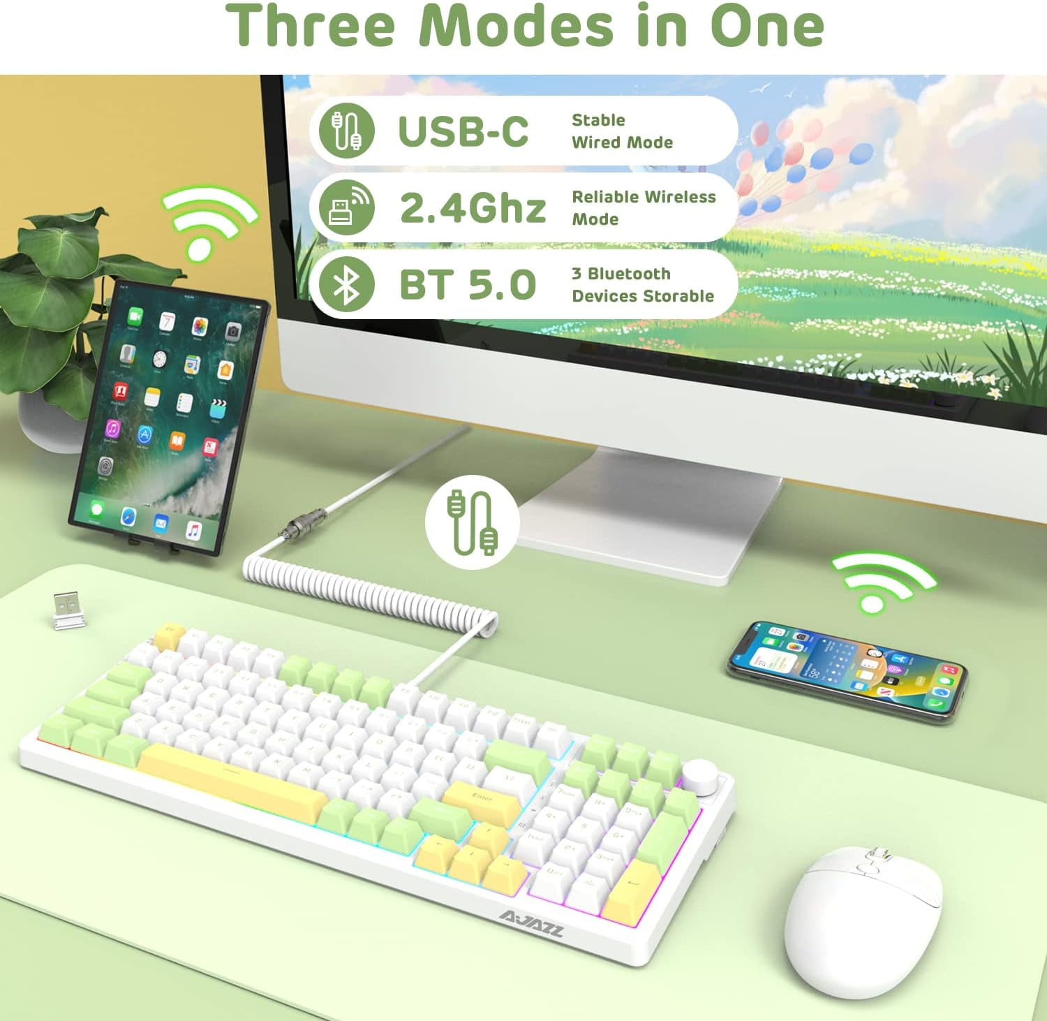 AK992 Gasket Wireless Mechanical Keyboard,2.4G/BT5.0/Wired,MDA PBT Keycaps,Blue Switch RGB Hot Swap