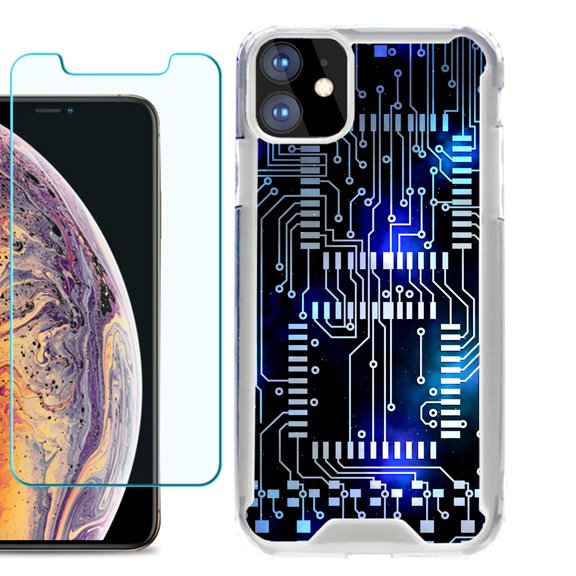For Apple iPhone 11 Case, Hybrid Bumper Phone Case, with Tempered Glass Screen Protector, by OneToughShield ® - Cosmos Circuit