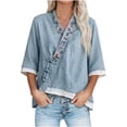 thumbnail image 1 of Mujeres manga corta de verano Tops imitación bordado V-cuello hebilla cinco cuartos de manga blusa, primavera en verano casual moda superior, 1 of 8