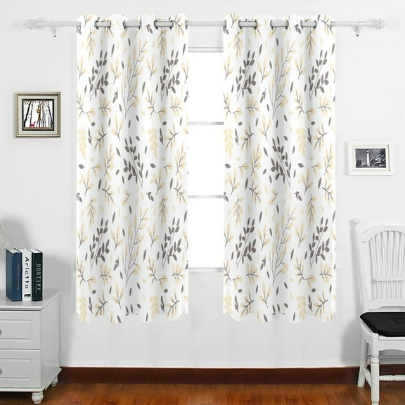 Yellow and Grey Leaves Grommet Blackout Curtains Thermal Insulated Window Curtain Sets for Bedroom Living Room 63"L x 55"W 2 Panels