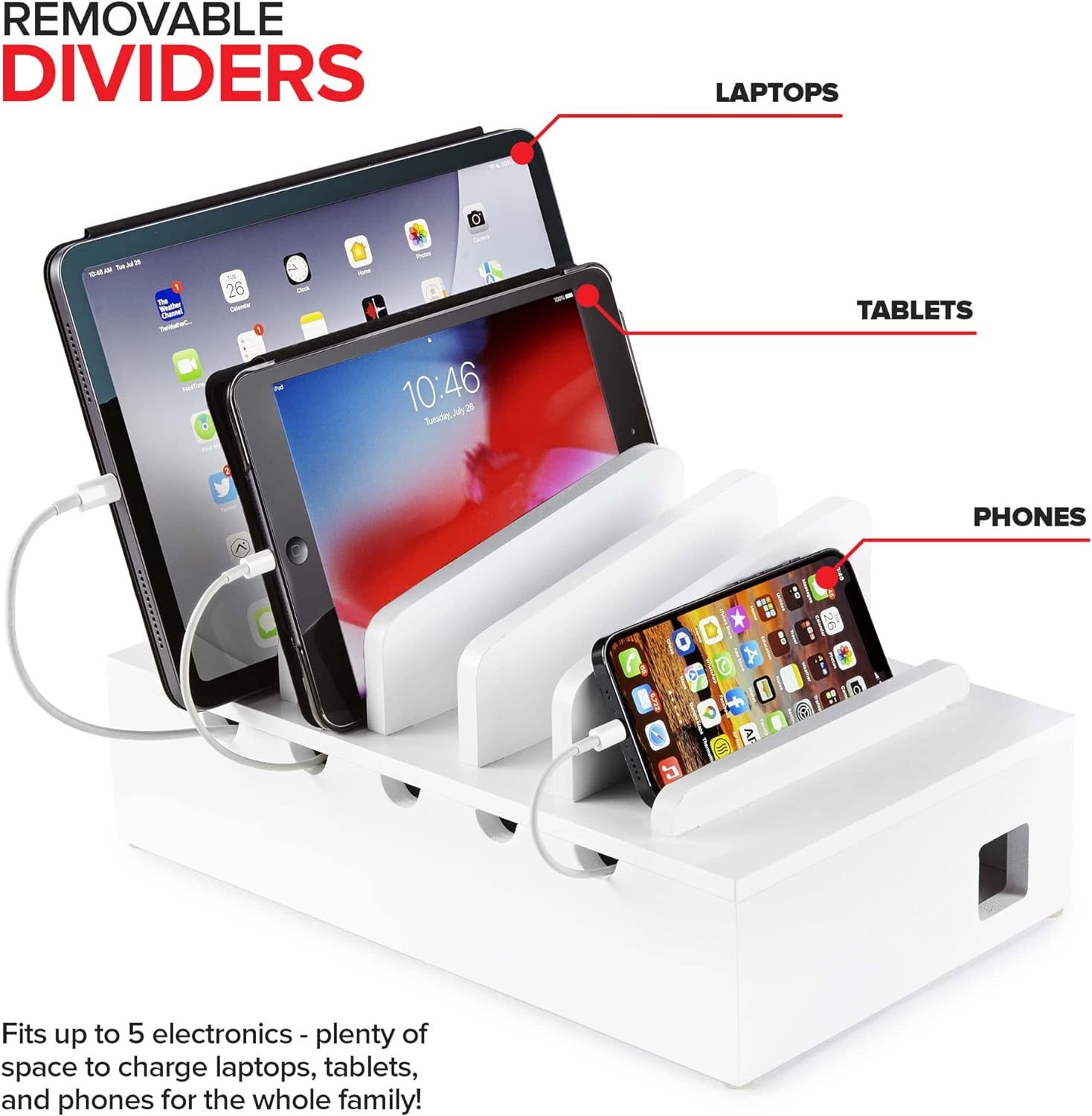 Bamboo Charging Station for Multiple Devices (White) Wood Device Organizer, Desk Docking Stand for Cell-Phone Charger, Compatible with Apple, Android, iPad, iPhone, Tablet, Laptop