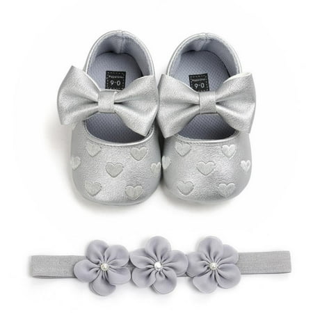 

Maxcozy Baby Girls Bowknot Bling Anti-Slip Mary Jane Flat Crib Shoes with Headband 0-18 Months