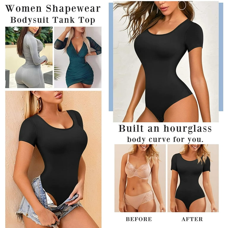 Gotoly Tummy Control Bodysuit Shapewear for Women Short Sleeve T-Shirt  Leotard Tank Tops Jumpsuit Slimming Full Body Shaper (Black 3X-Large) 
