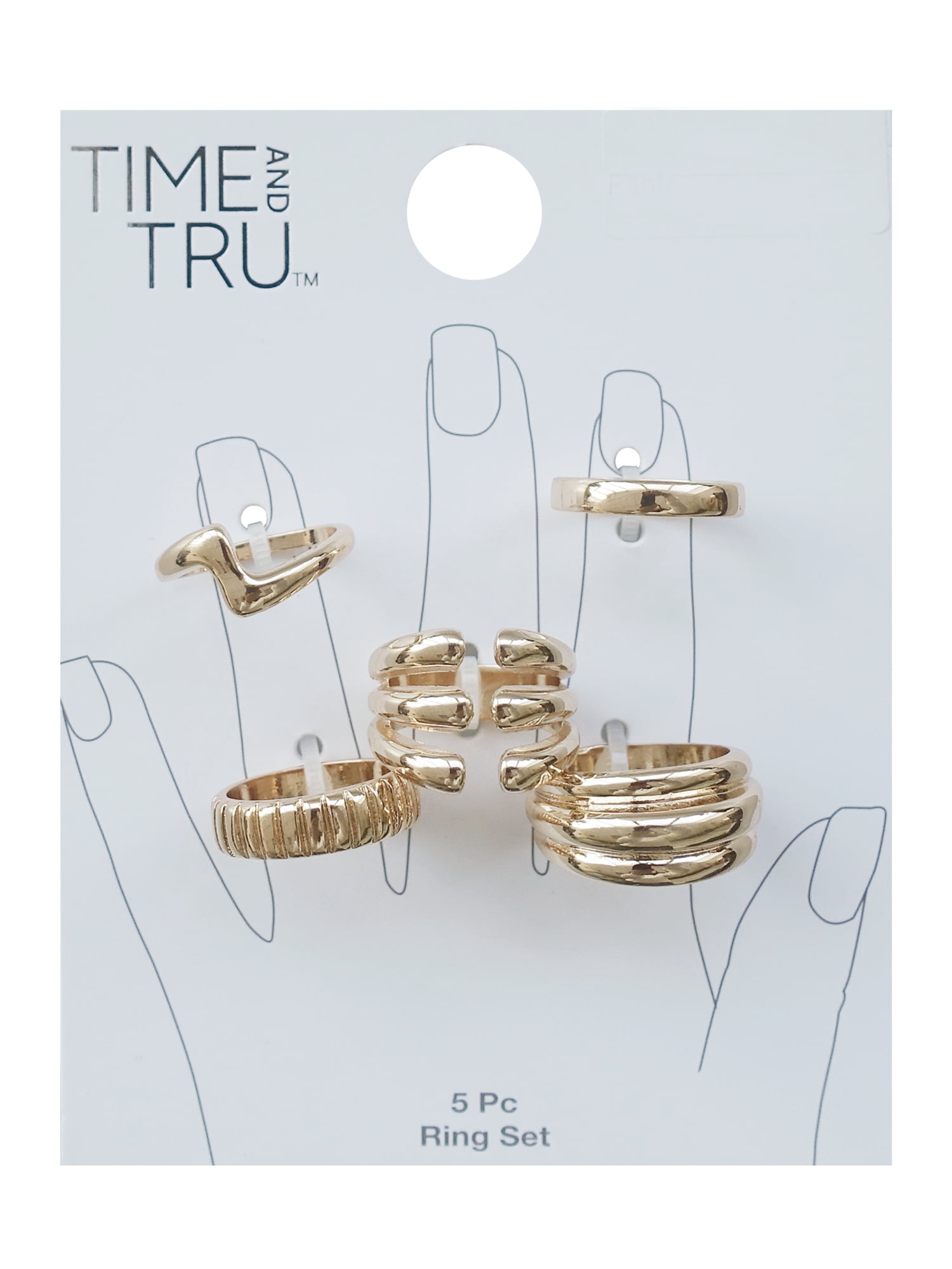 Time and Tru Women’s Open Front Metal Ring Stacking Set, 5-Piece, Gold-Tone
