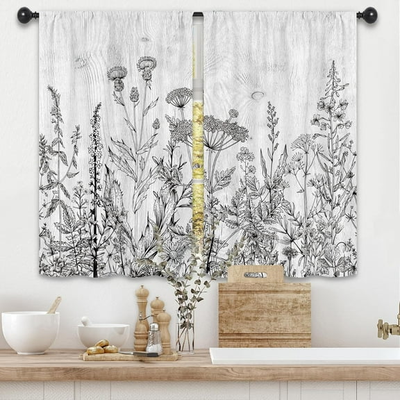 Wildflower Plant Botanical Kitchen Curtains 27.5W x 39L Inch Farmhouse Herb Rustic Wooden Country Rod Pocket Short Small Window Treatment Drapes Decor 2 Panels