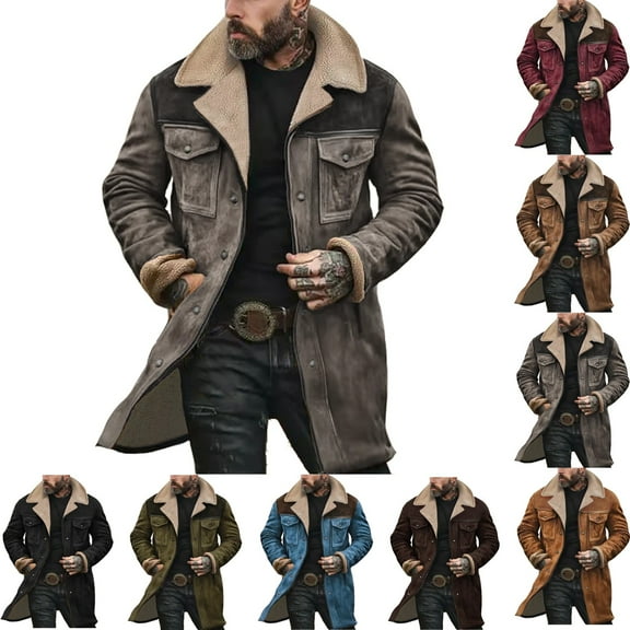 Zimjoy Suede Jacket for Men Western Slim Fit Double Breasted Trench Coats Windproof Lapel Collar Wool-Blend Gray Peacoats Casual Long Trench Coats Warm Winter Overcoat, Gray L