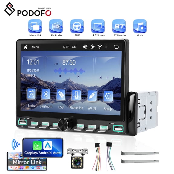 Podofo 7’’ Single Din Car Stereo Radio with wireless CarPlay/Android Auto,Mirror Link, Backup Camera