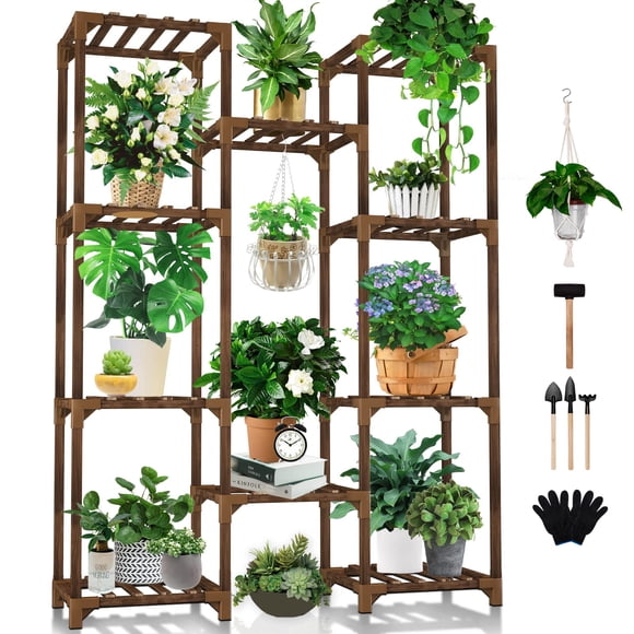 Soporte para plantas Uneedem para interiores y exteriores, 10 niveles, 11 macetas de madera