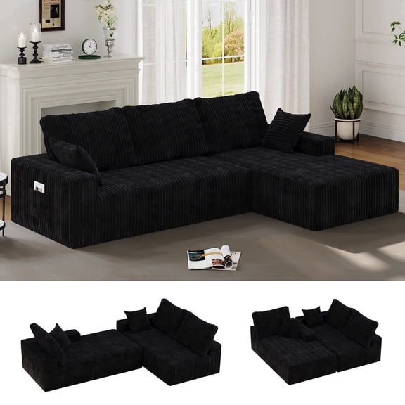 JARCLIC Boneless Sectional Sofa, 108" Modular Sectional Sofa with Right Facing Chaise, Oversized L-Shape Cloud Couches for Living Room, No Assembly Required, Black