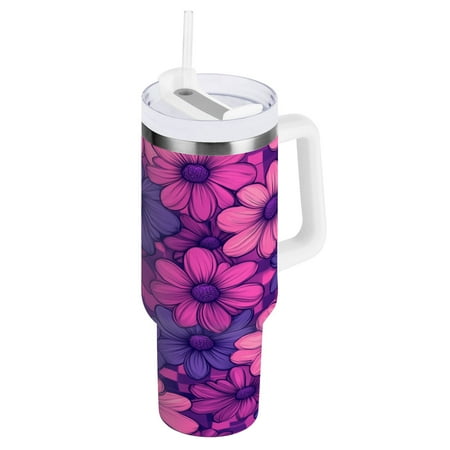 

40oz Travel Mug with Straw Car Bottle Insulated Mug with Handle Reusable Stainless Steel Water Bottle for Car Travel Home Retro Pink Purple Floral