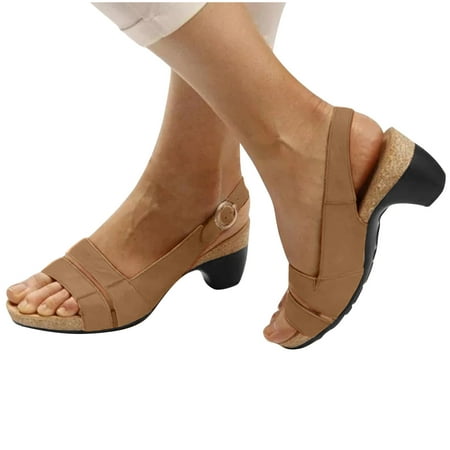 

YanHoo Clearance Women s Elegant Platform Chunky Heels Shoes Faux Wood Block Heels Cute Open Toe Ankle Strap Crisscross Mid Heels Wedding Party Dance Pump Sandals Shoes