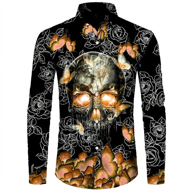 Camisas de lujo con estampado floral 3D de calaveras para hombre camisetas de manga larga con cuello vuelto y botones camisetas de estilo hip hop con personalidad