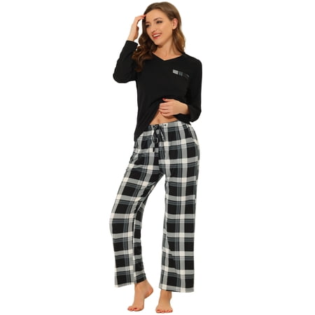 cheibear Women's Pajamas Nightwear Plaid Sleepwear Lounge Stes Black XL