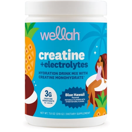Wellah Creatine + Electrolytes Powder (Blue Hawaii) 30 Servings - Hydration Drink Mix with 3g of Creatine Monohydrate