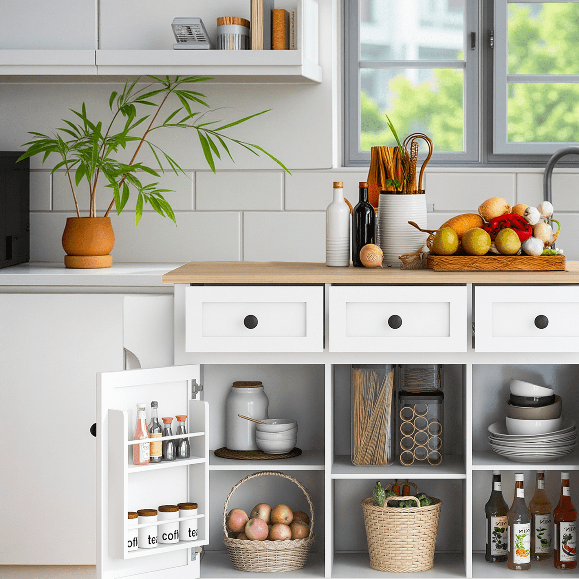 MAYEERTY Kitchen Island on 5 Wheels - Storage Cabinet & 3 Drawers, For Dining Room, White