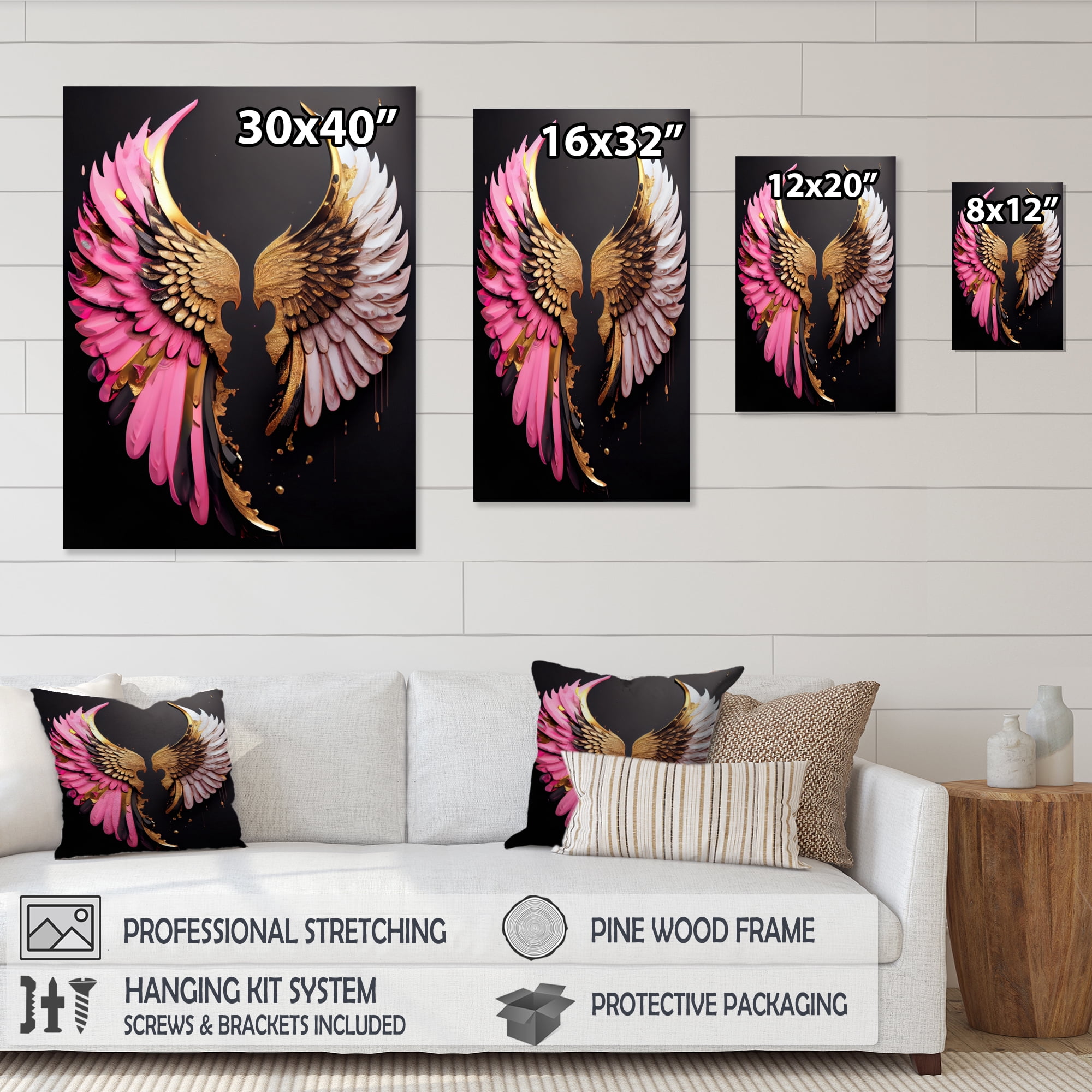 Designart Pink,Gold And Black Angel Wings III Canvas Wall Art