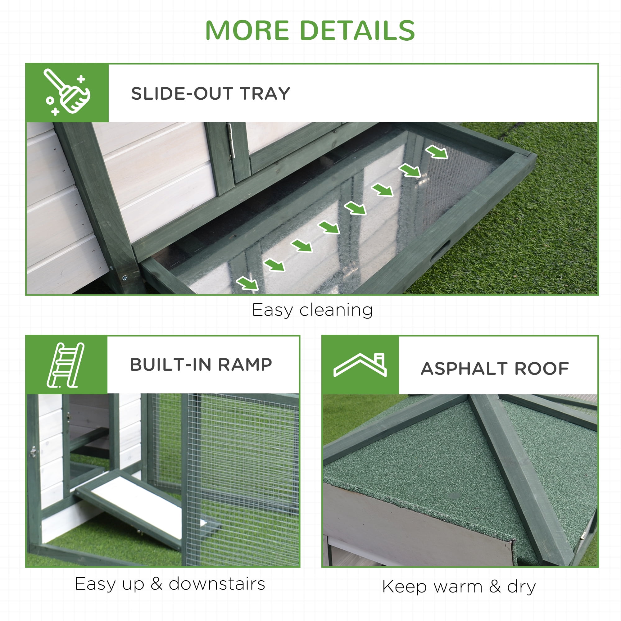 77" Wooden Chicken Coop with Nesting Box, Cute Outdoor Hen House with Removable Tray, Ramp Run, for Garden Backyard, Green