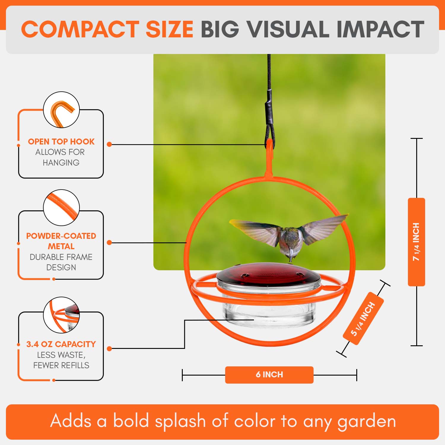 Mosaic Birds Recycled Glass and Metal Hummingbird Feeder for Outdoors - Hanging Bird Decor for Gardens - Orange