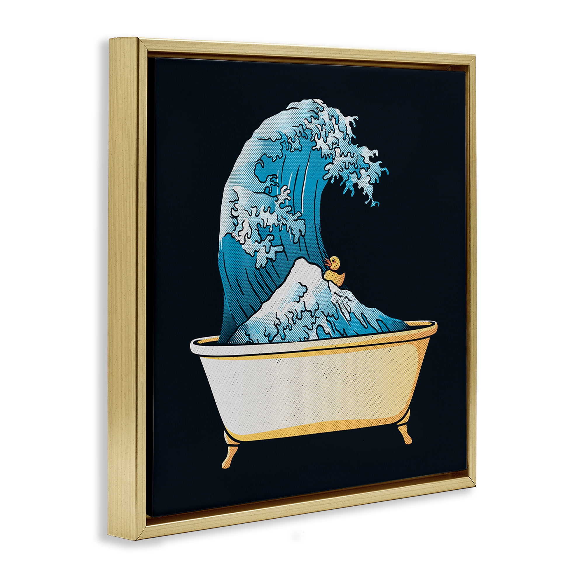 Stupell Industries Bathtub with Kanagawa Wave Gold Framed Floater Canvas Wall Art, design by Tobe Fonseca
