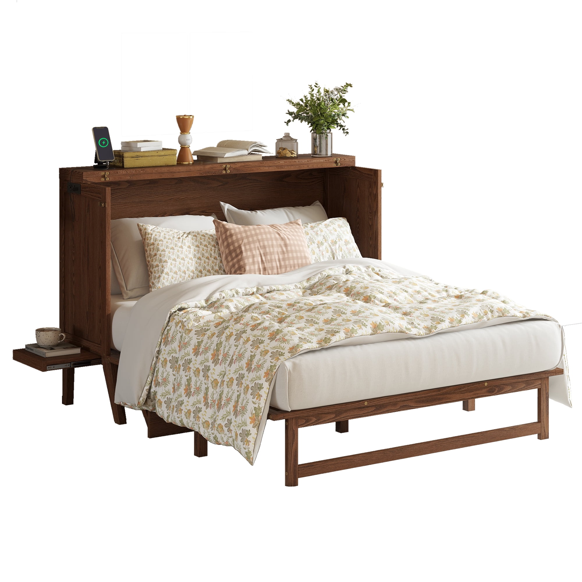 Sailvan Queen Size Murphy Bed with USB Port Shelves on Each Side, Solid Pine Murphy Cabinet Bed