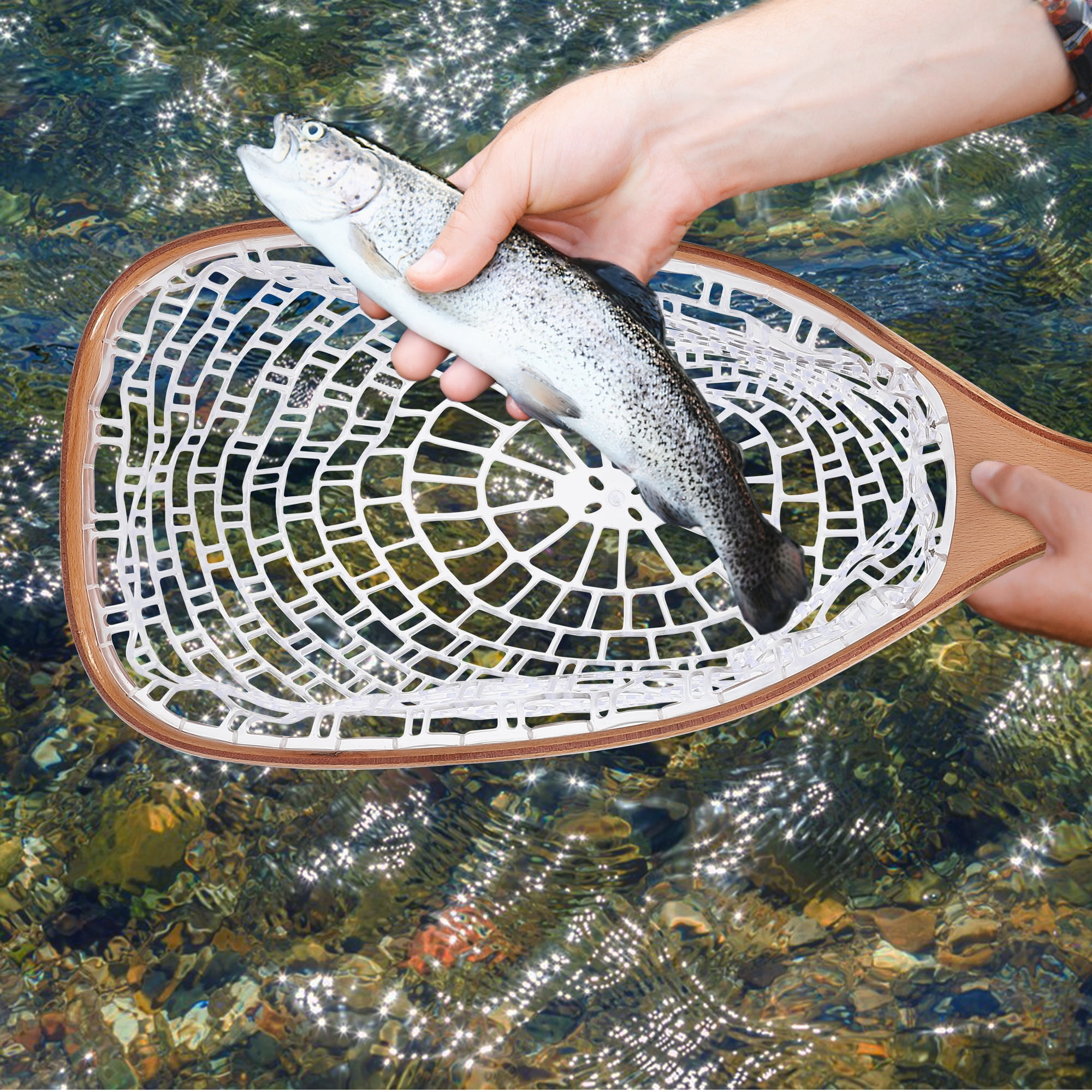 Superior Fly Fishing Landing Net – Lightweight & Durable – Rubber-Coated Fine Mesh – Wooden Ergonomic Handle