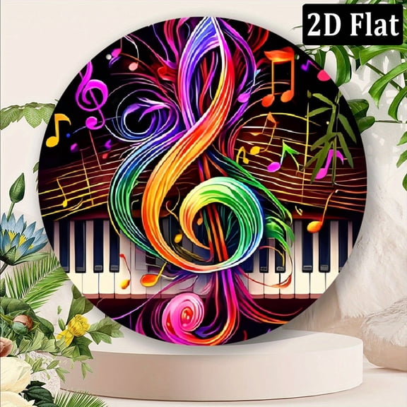Room Decor 1pc Retro Music Note Design Round Aluminum Sign, Vintage Piano Keyboard Wall Art, Rustic Metal Decor for Home, Garage, Cafe - Durable Metal Wall Hanging 8*8inch