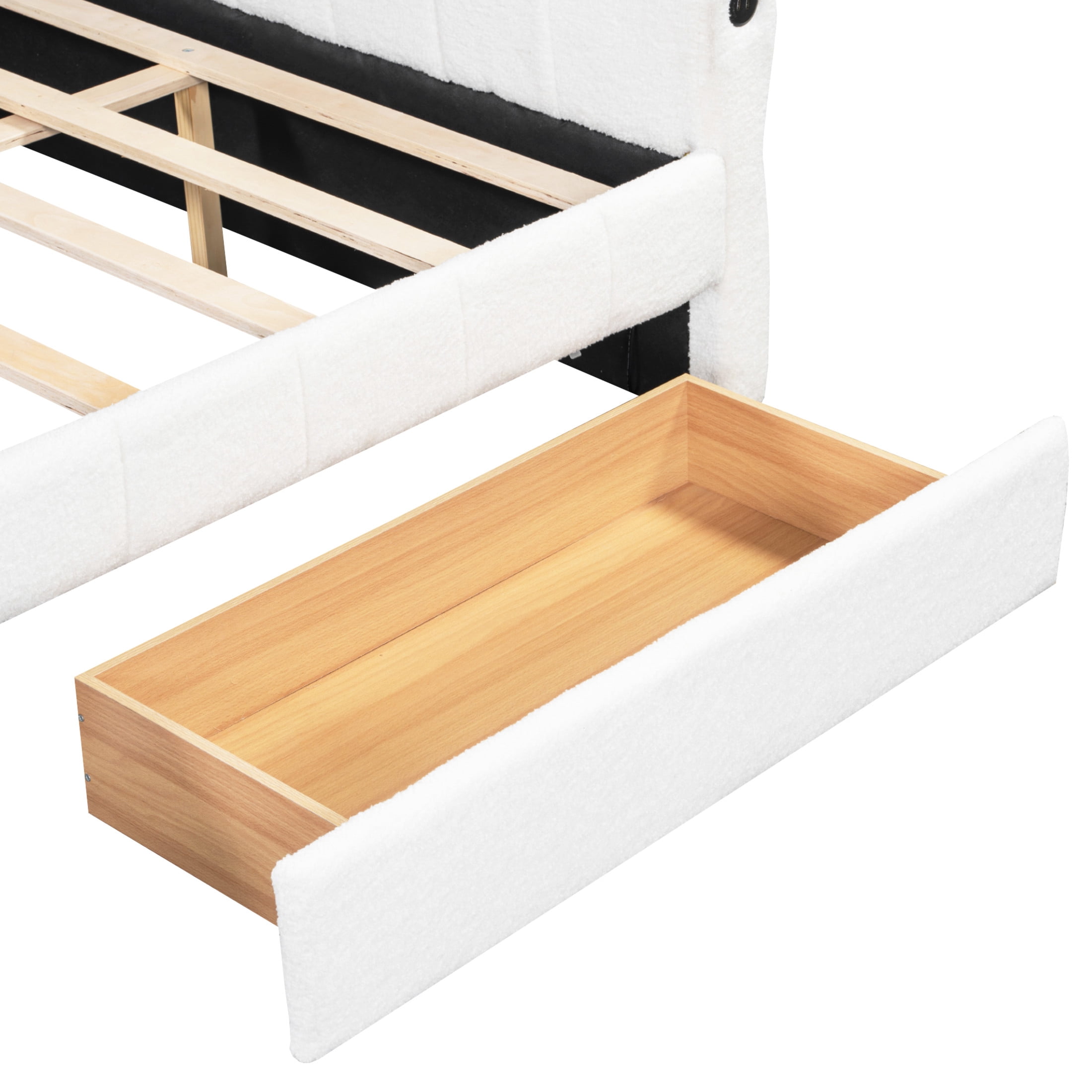 Noble House Alver Queen Upholstered Platform Bed, Luxurious Lambswool Frame with USB Ports and 2 Drawers, White