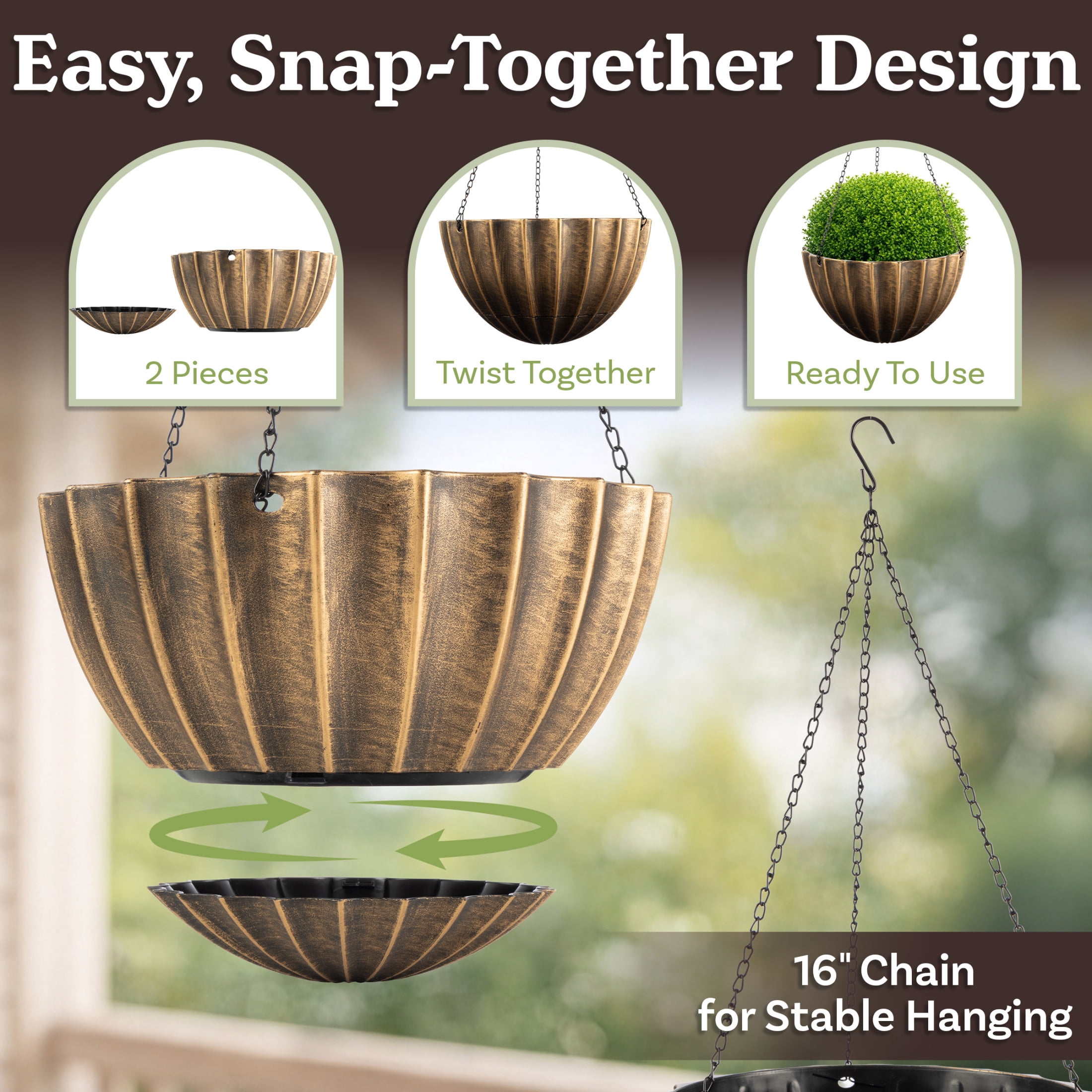 Pure Garden 10.25in Durable Plastic Hanging Planter 2-Pack with Drainage Reservoir, Bronze