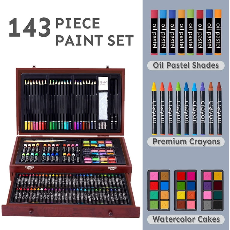 Color More 143 Piece Deluxe Art Set, Art Supplies in Portable Wooden Case- Painting & Drawing Kit with Crayons, Oil Pastels, Colored