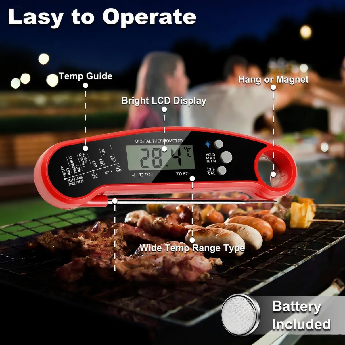 Digital Meat Thermometer for Grilling, Baking & Candy, Instant Read with Foldable Probe, Red/Black Dual Pack​