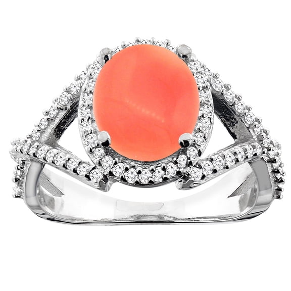 10K White Gold Natural Coral Ring Oval 9x7mm Diamond Accent, size 5