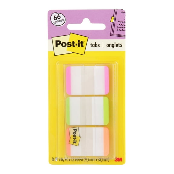 Post-it Durable Tabs, 1 in., Pink, Green, Orange, 66 Tabs/On-the-Go Dispenser