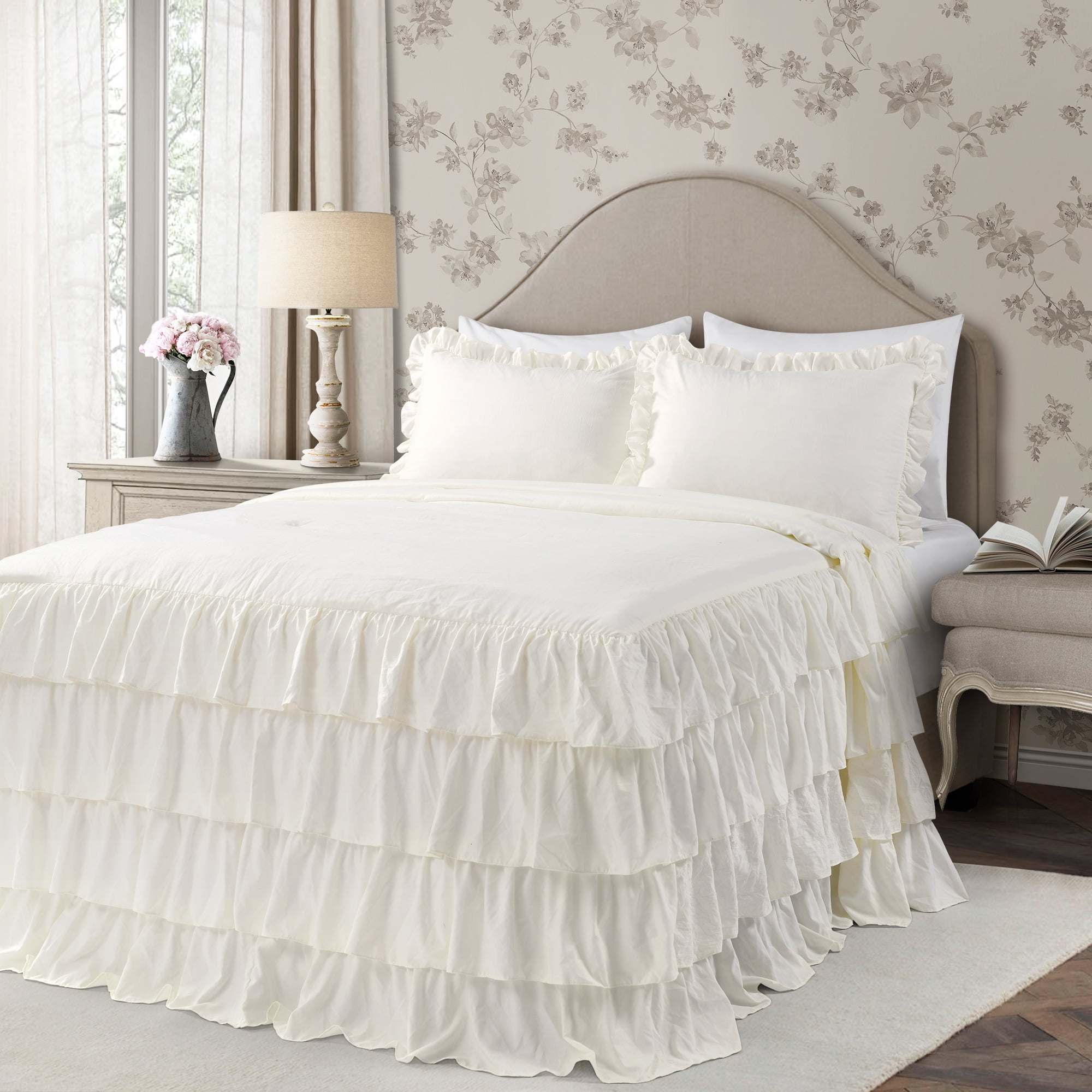 Lush Decor Allison Ruffle Skirt Polyester Bedspread, Queen, Ivory, 3-Pc Set