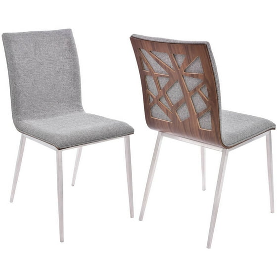 Armen Living Crystal Dining Chair Brushed Stainless Steel Finish With Fabric Upholstery And Walnut Back Set Of 2