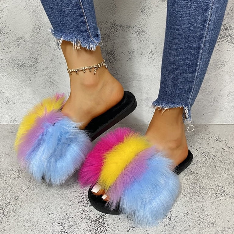 Xfvqtps Womens Long Shaggy Faux Fur Slide Slippers Color Block Open Toe ...