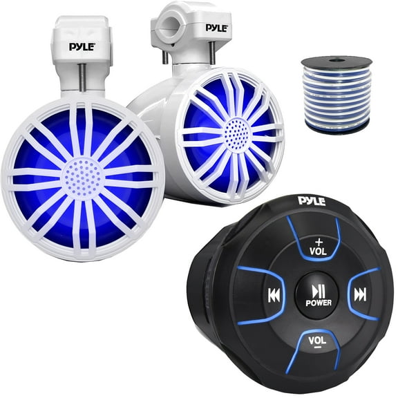 Pyle PLMRBT18 Bluetooth Audio Amplified Marine Waterproof Controller, Pyle PLMRBT33WT 3.5’’ 20 Watts Max Power Full Range LED Off-Road White Boat Speakers (1 Pair), 50 Feet 18 Gauge Speaker Wire
