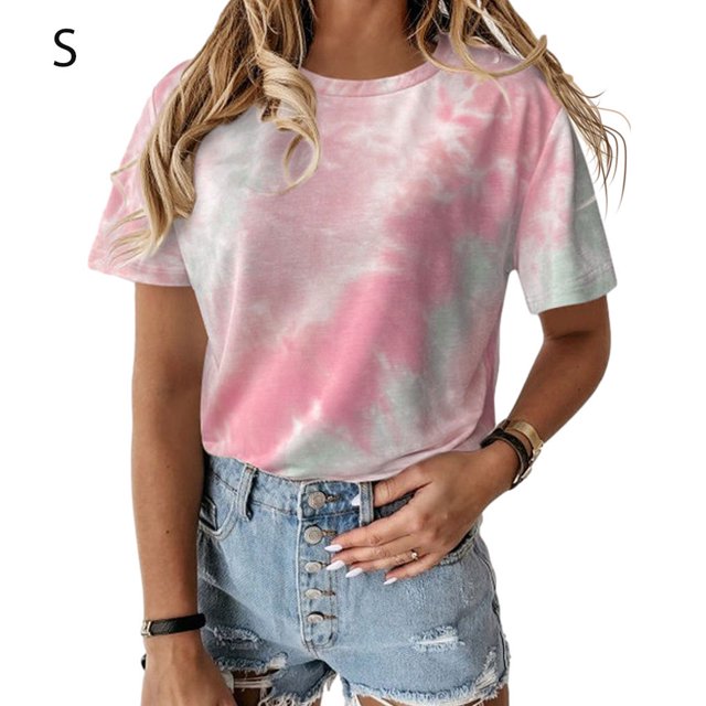 Camiseta de mujer Cuello redondo Manga corta Tie-dye Printed Casual Top, Rosa, S Scienceny AP000470-02