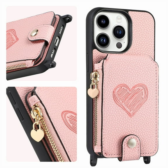 SaniMore Case for iPhone 14 Pro Max (6.7" 2022), [Crossbody Adjustable Lanyard Zipper Wallet Card Slots] PU Leather Luxury Love Heart Kickstand Magnetic Car Mount Wallet Cover foe Girls Women, Pink